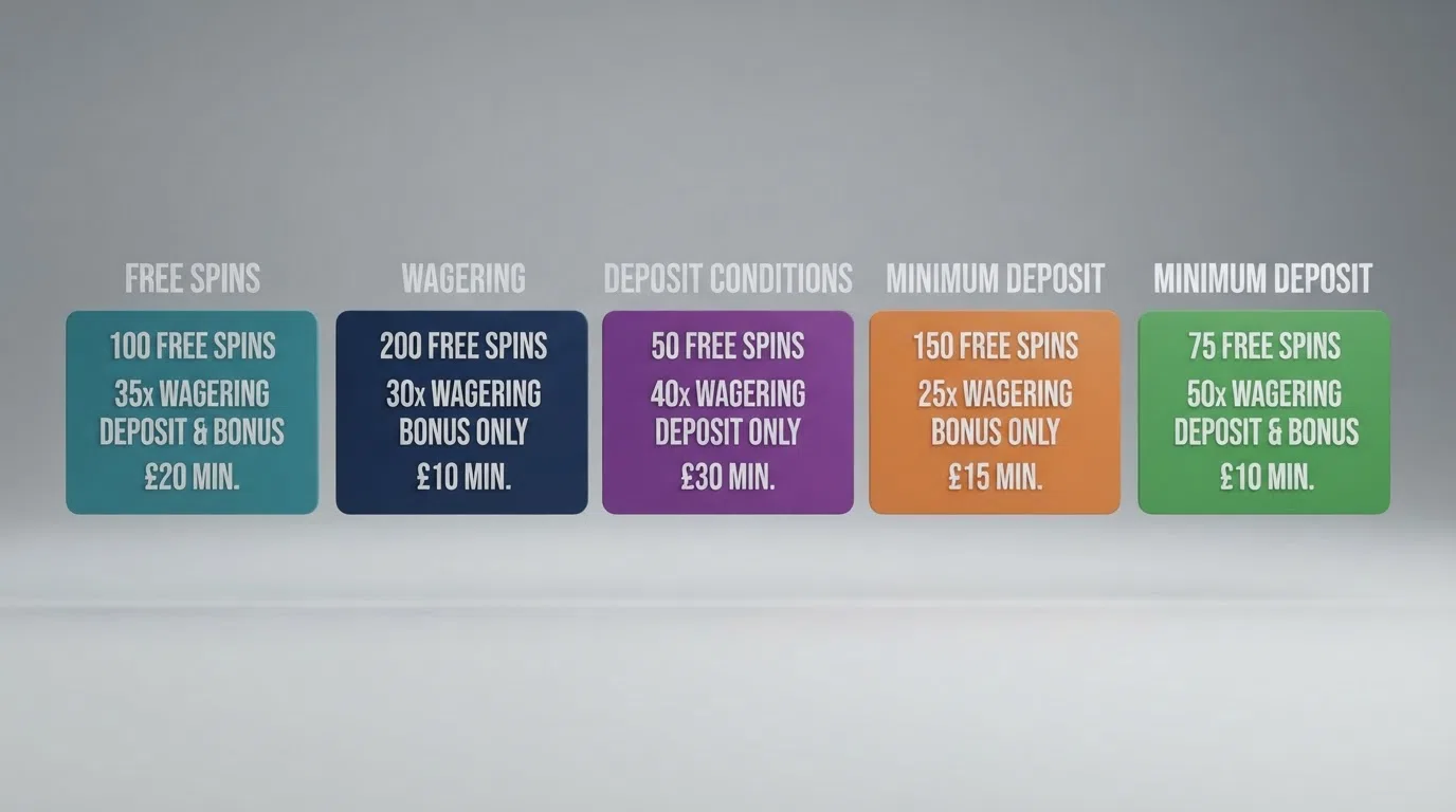 A side-by-side comparison visual showing free-spins counts, wagering multiples, and deposit requirements across multiple UK casino-brand cards