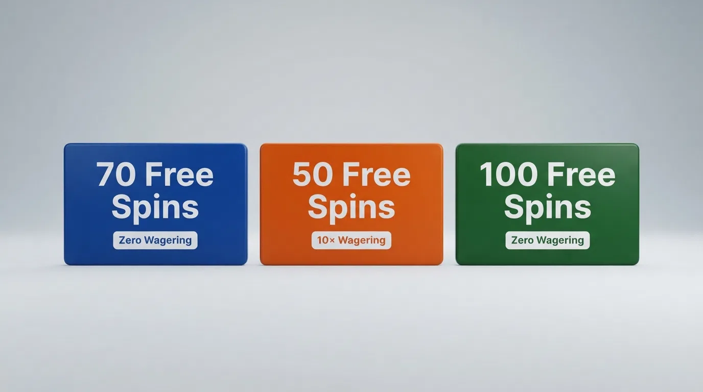 A side-by-side layout of operator cards showing free-spin counts, wagering labels and licence badges for several UK casino brands
