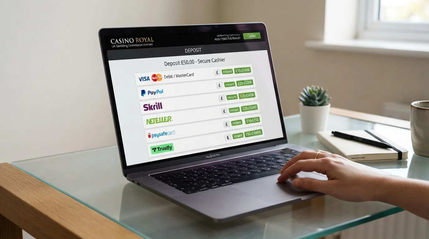 A desktop view of a UK-licensed casino deposit screen listing Visa debit, PayPal, Skrill, Neteller, Trustly, Paysafecard, Apple Pay, and Google Pay, each with an Instant processing badge beside it