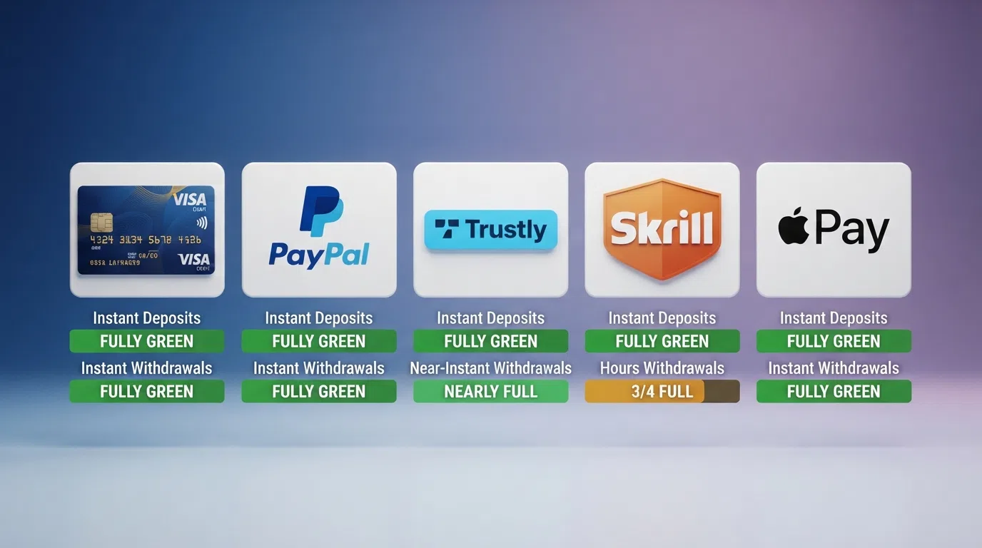 A side-by-side display of five payment-method icons — a debit card, the PayPal logo, the Trustly logo, the Skrill logo and the Apple Pay logo — each with a coloured bar beneath it showing deposit speed (all green/instant) and withdrawal speed (varying from hours to days) as a visual comparison