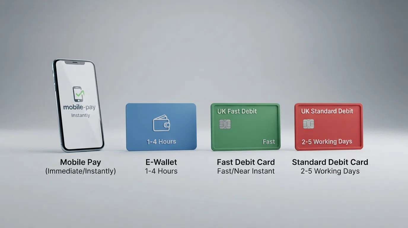 E-wallet, debit card, bank transfer and mobile-pay icons arranged by typical withdrawal speed from fastest to slowest