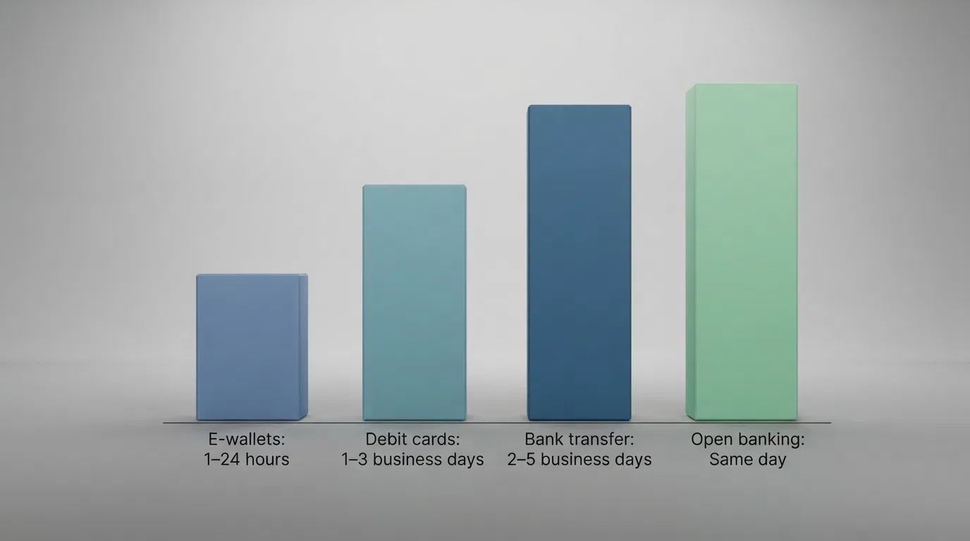 A bar chart comparing withdrawal clearance times across e-wallets, debit cards, bank transfer and open banking at UK-licensed casinos
