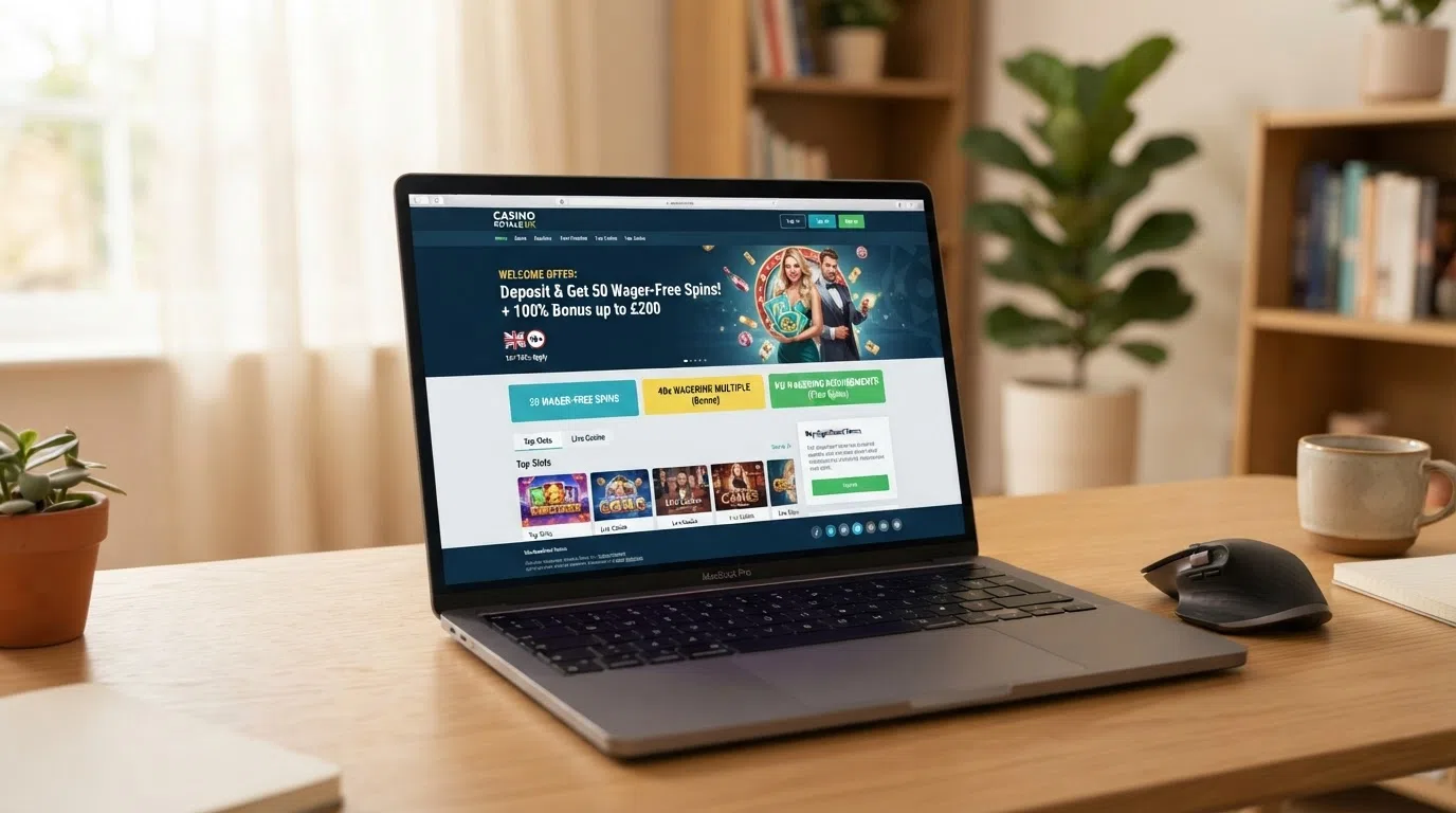 A clean operator-comparison visual showing GB-licensed casino landing pages with RTP-relevant labels — free-spins count, wagering multiple and wager-free status highlighted