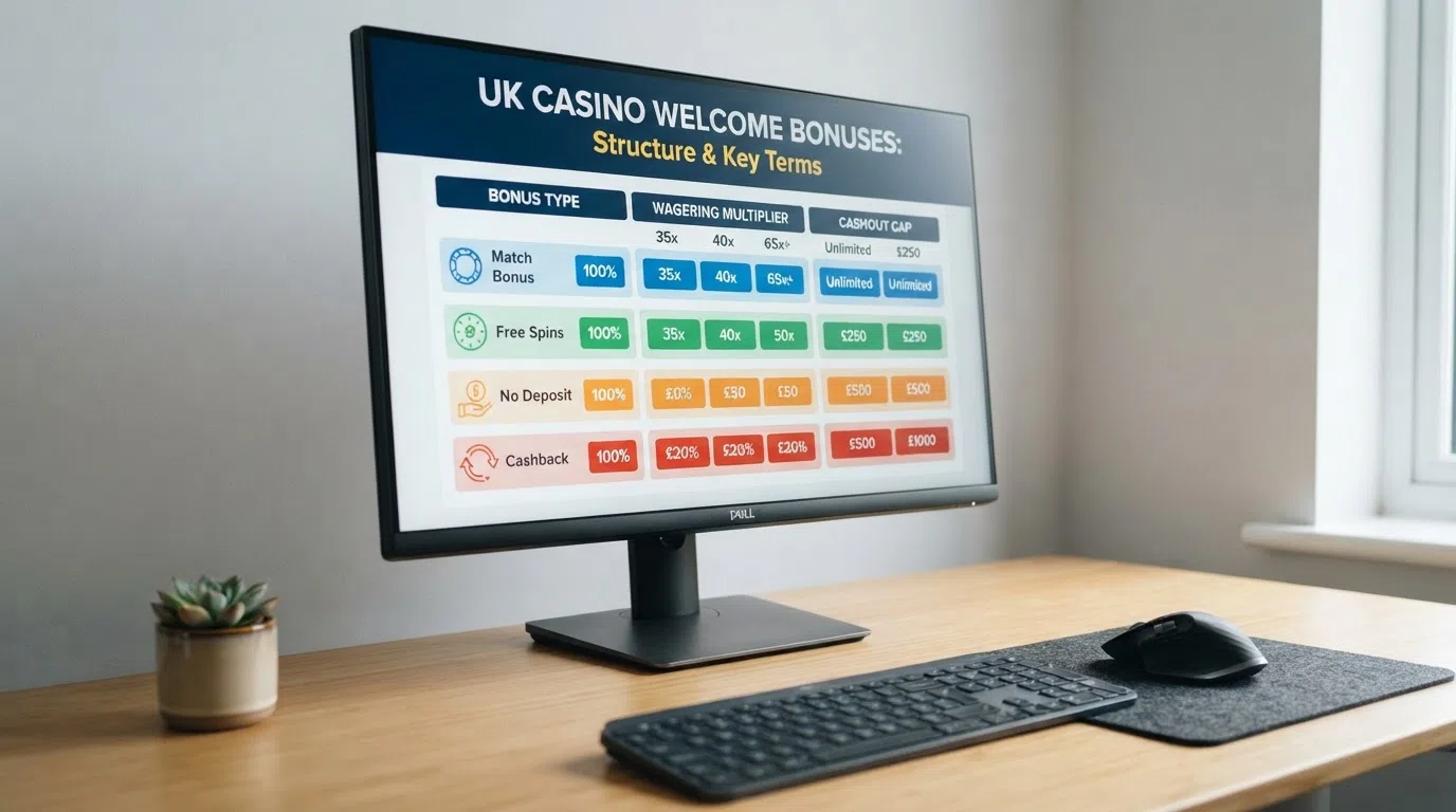A side-by-side grid layout on a desktop screen showing operator names, bonus percentages, wagering multipliers and cashout caps in distinct columns