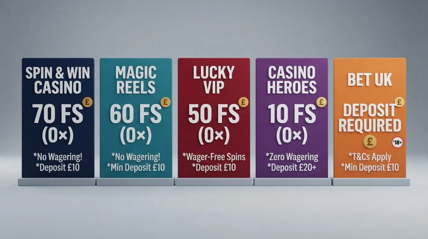 A side-by-side arrangement of casino welcome-offer summary cards showing different free-spin counts, wagering multiples and claim requirements