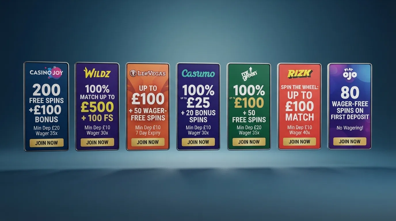 A grid of UK online casino welcome-offer banners showing different free-spin counts, deposit-match rates and wagering labels side by side