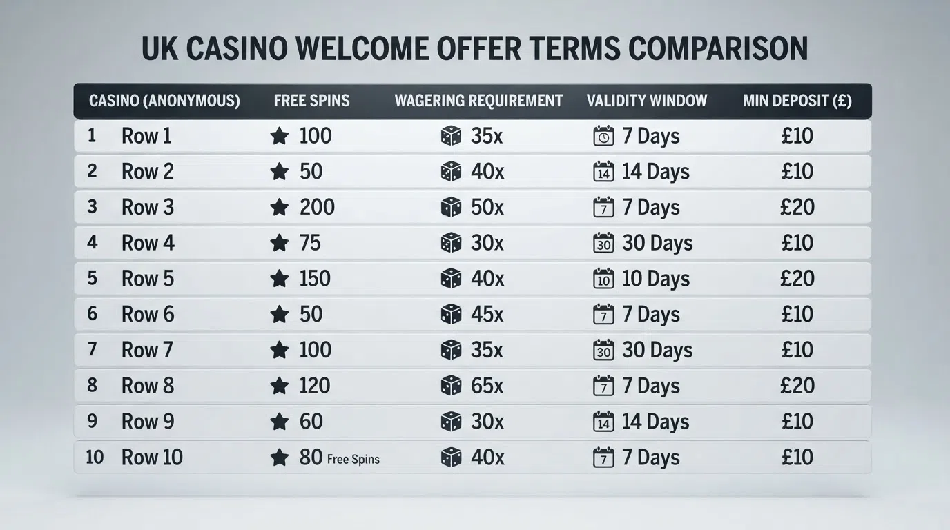 A clean visual comparison showing the welcome-offer terms — free-spin count, wagering multiple and validity window — of the ten featured UK casinos, presented as a simplified infographic with no operator logos larger than any other
