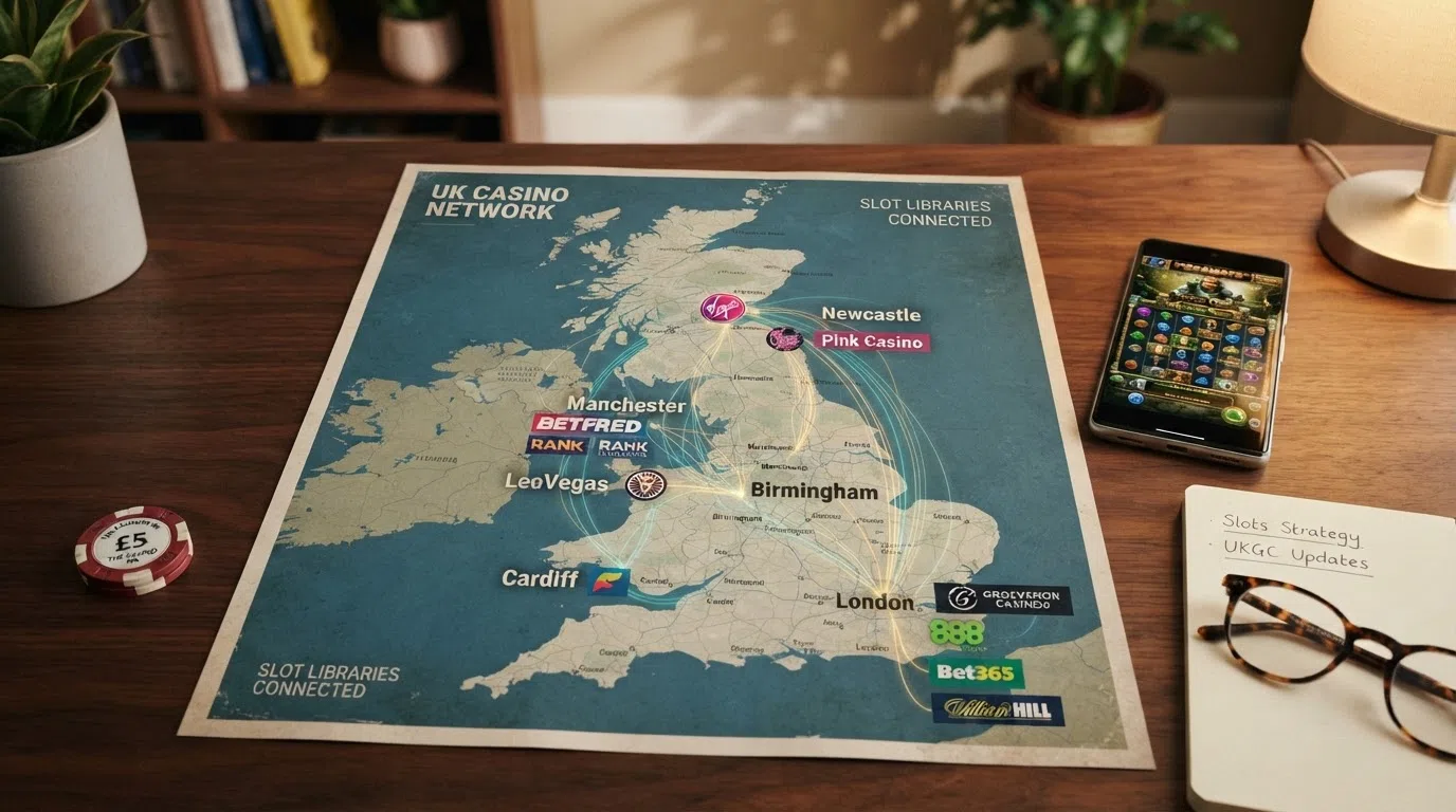A map-style visual of the UK with operator brand marks positioned across it, connected by a network of lines representing the cascading-slot libraries each one carries
