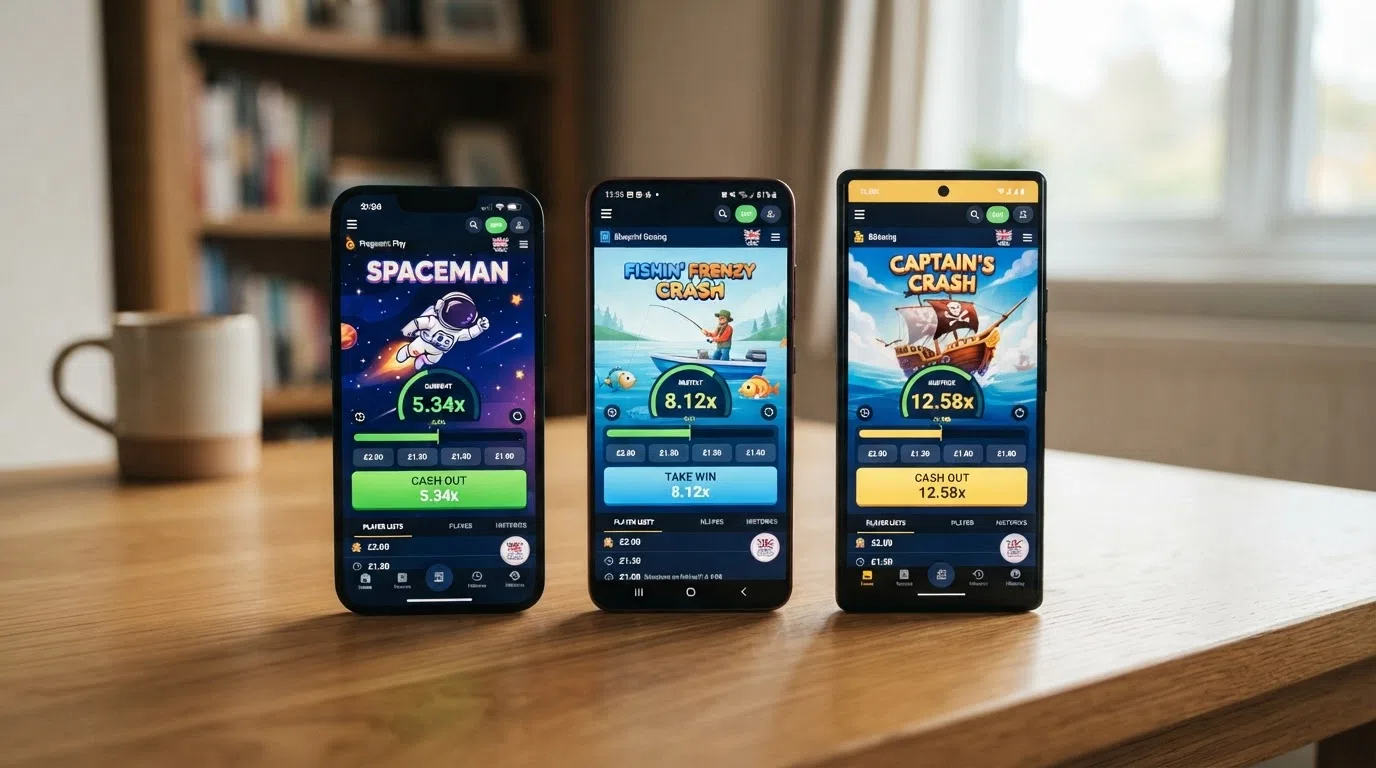 Three smartphone screens arranged side by side showing Spaceman, Big Bass Crash and BGaming Crash game interfaces with their cash-out buttons highlighted