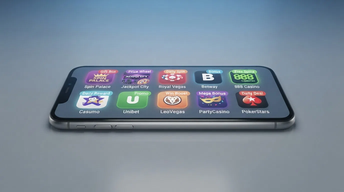 A clean side-by-side grid of ten casino app icons arranged on a phone screen, each showing a distinctive daily-promo badge — a wheel icon, a gift box and a spin reel