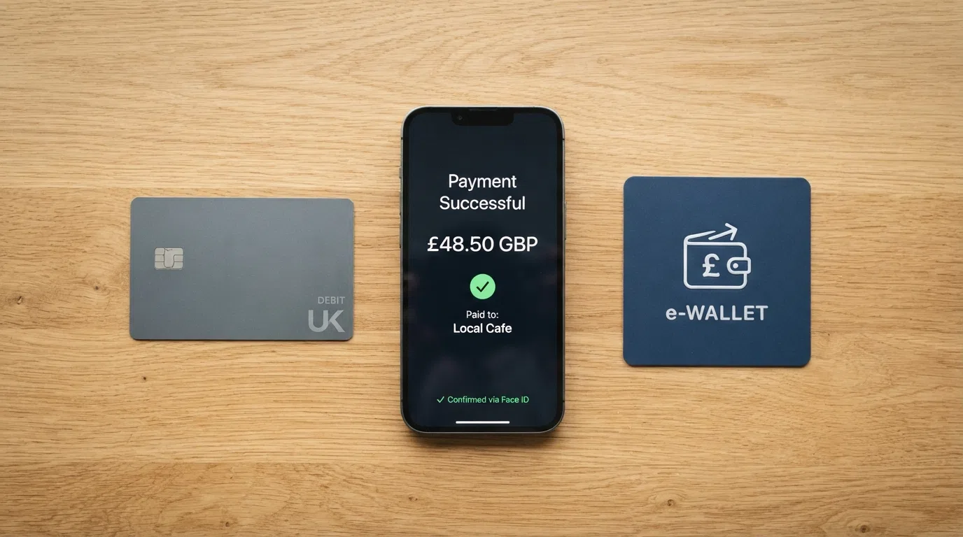 a UK debit card, a smartphone showing a mobile payment screen, and a PayPal logo
