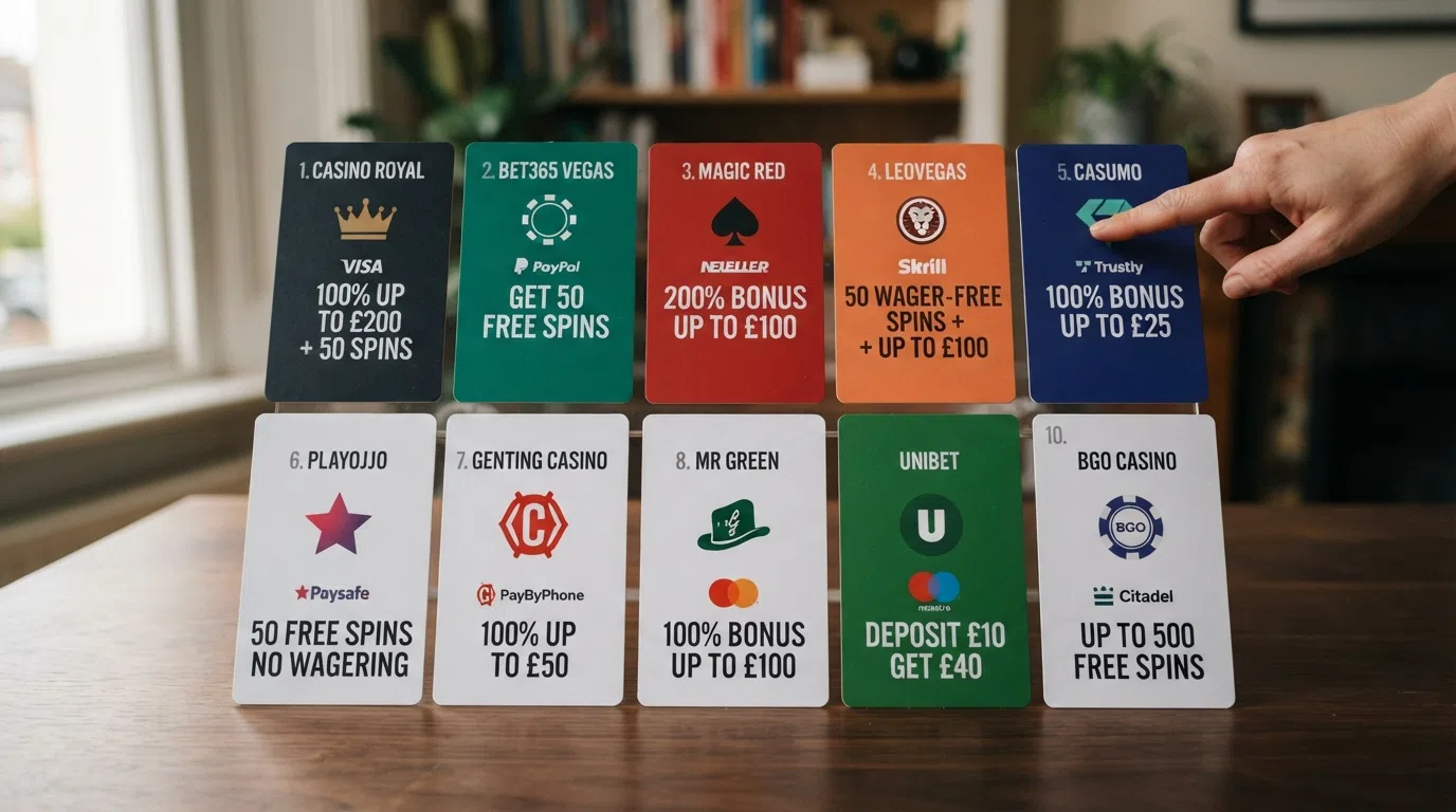 A side-by-side grid view of the ten featured UK casino logos arranged in ranked order, each paired with its UKGC licence account number, bank method label and welcome-offer headline in a clean comparison layout.