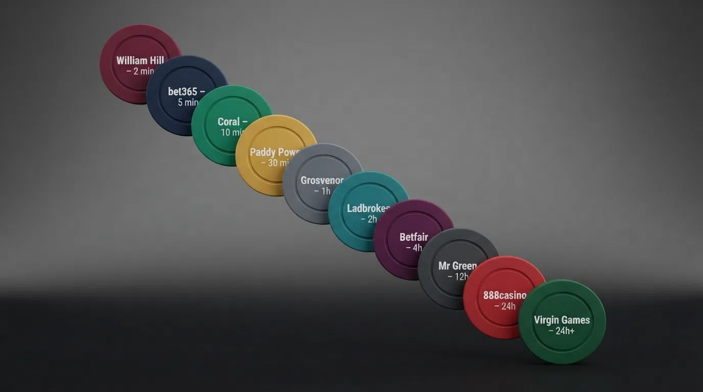 A comparison-style visual of ten UK casino brand cards arranged in descending speed order, each card showing the brand name, its fastest recorded payout method, and the time in minutes or hours