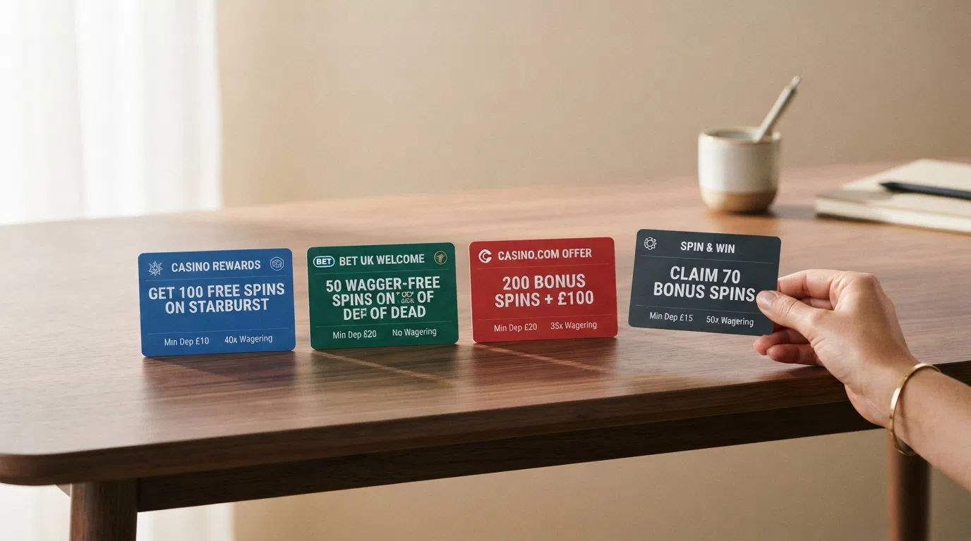 A side-by-side view of casino welcome-offer cards showing different spin counts, deposit requirements and wagering multipliers