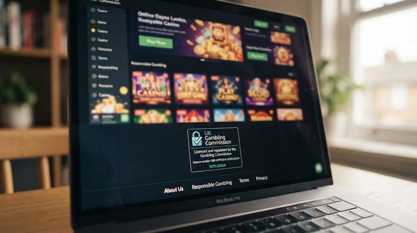 A close-up of the UK Gambling Commission licence badge on a casino footer, with the padlock icon and "Licensed and regulated by the Gambling Commission" text legible, against a blurred game-lobby background.