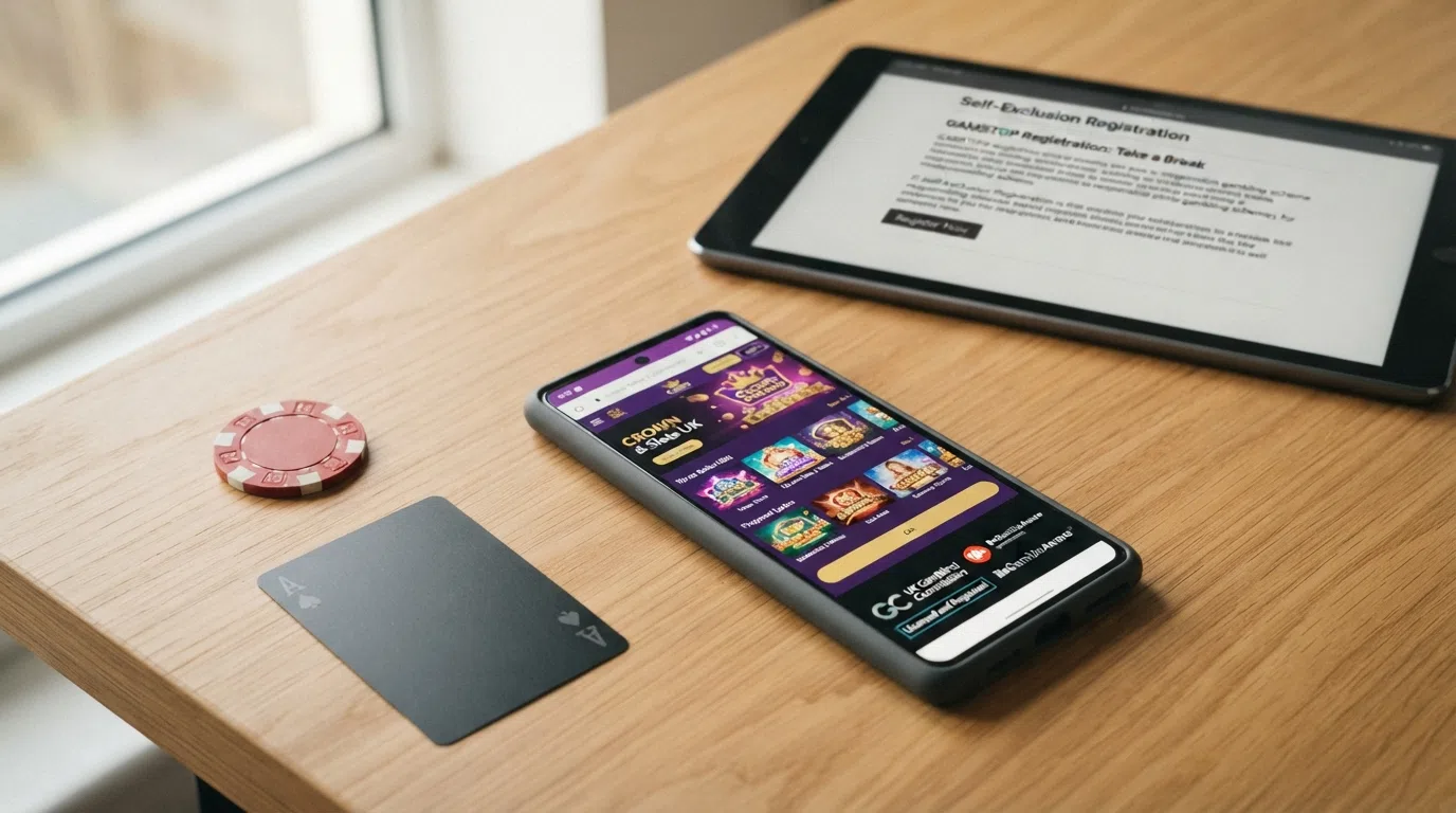 A close-up of a smartphone displaying a casino lobby beside a UK Gambling Commission logo, with a GamStop registration page visible on a second device in the background