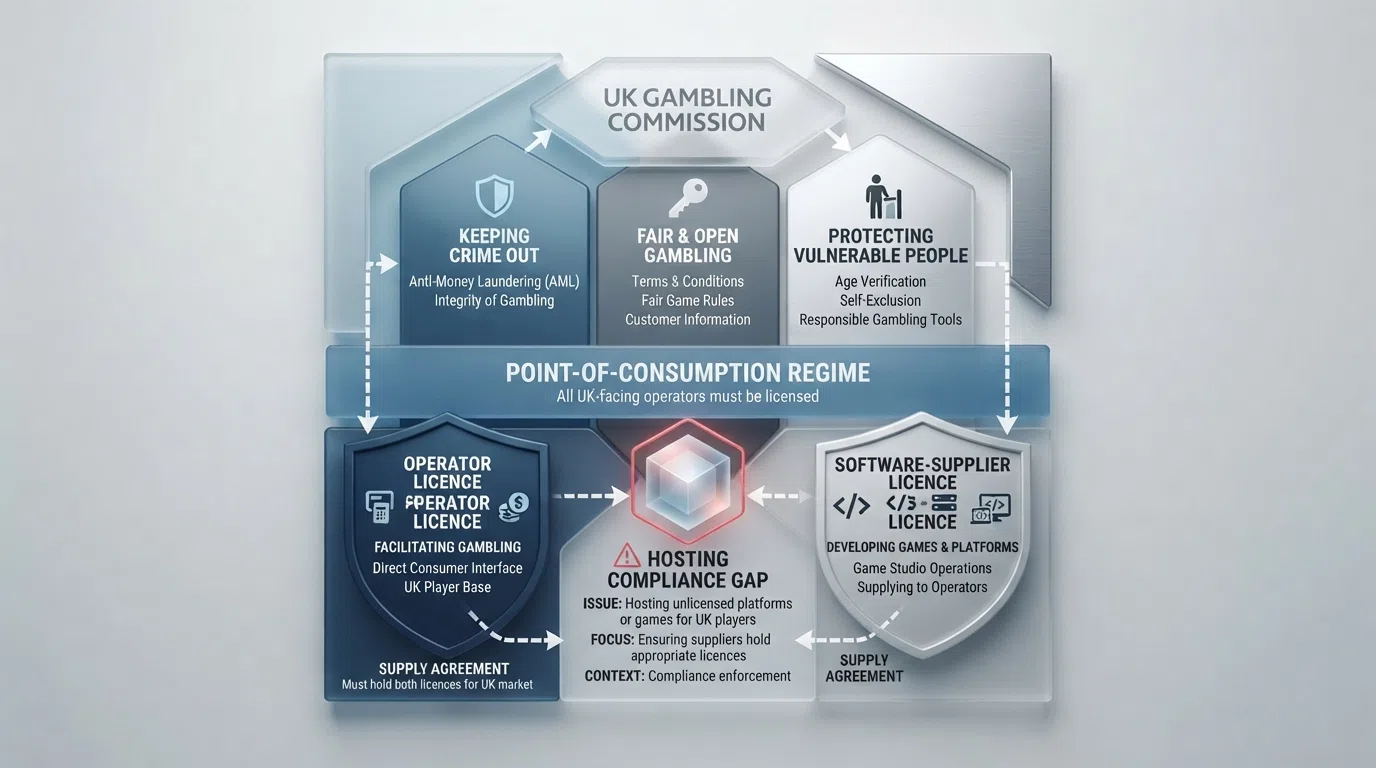 Diagram showing the UK Gambling Commission licensing structure — the three licensing objectives, the point-of-consumption rule, and the operator versus software-supplier licence distinction that sits at the centre of the Spribe suspension story