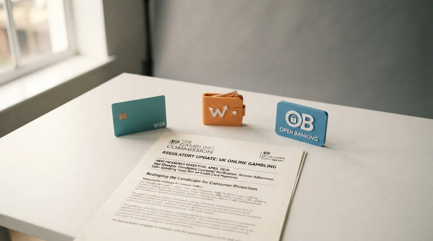 A regulatory document or signage showing the April 2020 effective date, with debit card, e-wallet and Open Banking icons arranged as the replacement methods beneath it