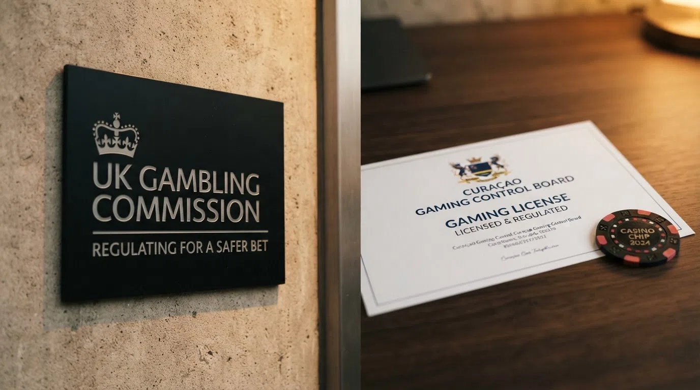 A split comparison showing a UK Gambling Commission logo on the left and a Curaçao Gaming Control Board emblem on the right, separated by a vertical divider