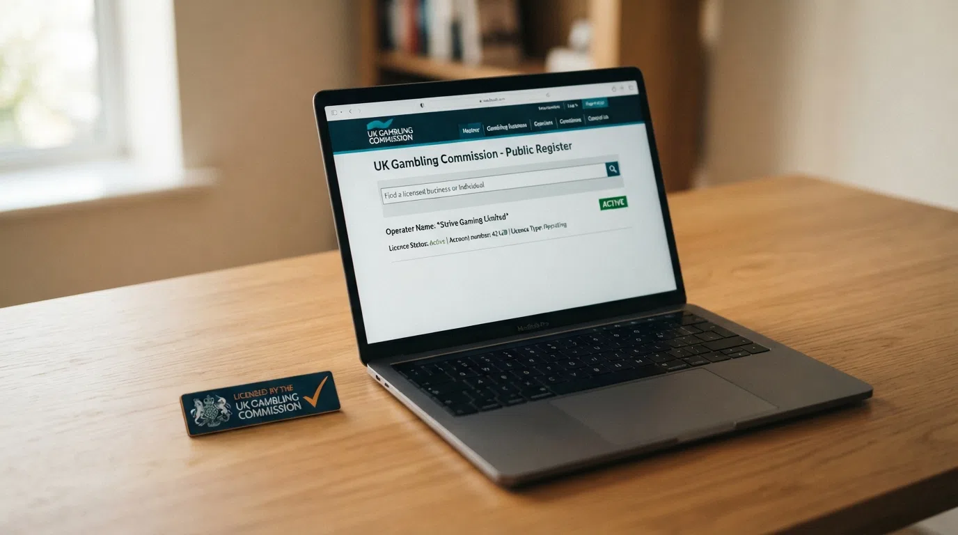 A UK Gambling Commission licence badge beside a search bar displaying the UKGC public register, with a green “Active” status marker next to an operator name