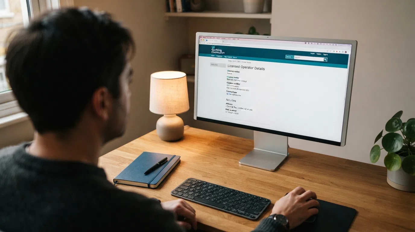 A desktop browser open to the UK Gambling Commission public register search page with a licence record visible on screen