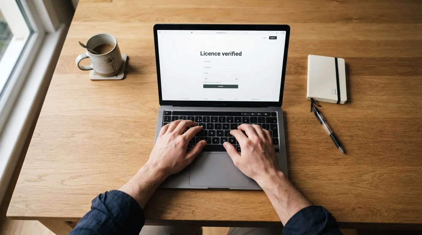 A desktop browser window open to the UK Gambling Commission public register search page with a licence number entered in the search field