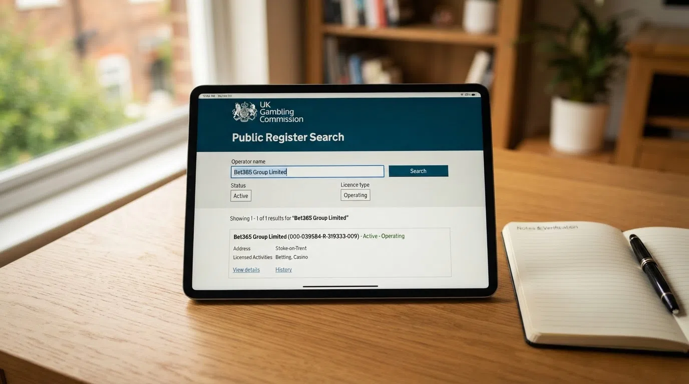 UK Gambling Commission Public Register search page displayed on an iPad screen, with an operator name entered in the search field
