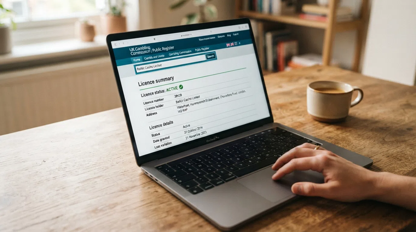 The Gambling Commission public register search interface on a screen, with a licence summary result visible showing Active status and permit dates