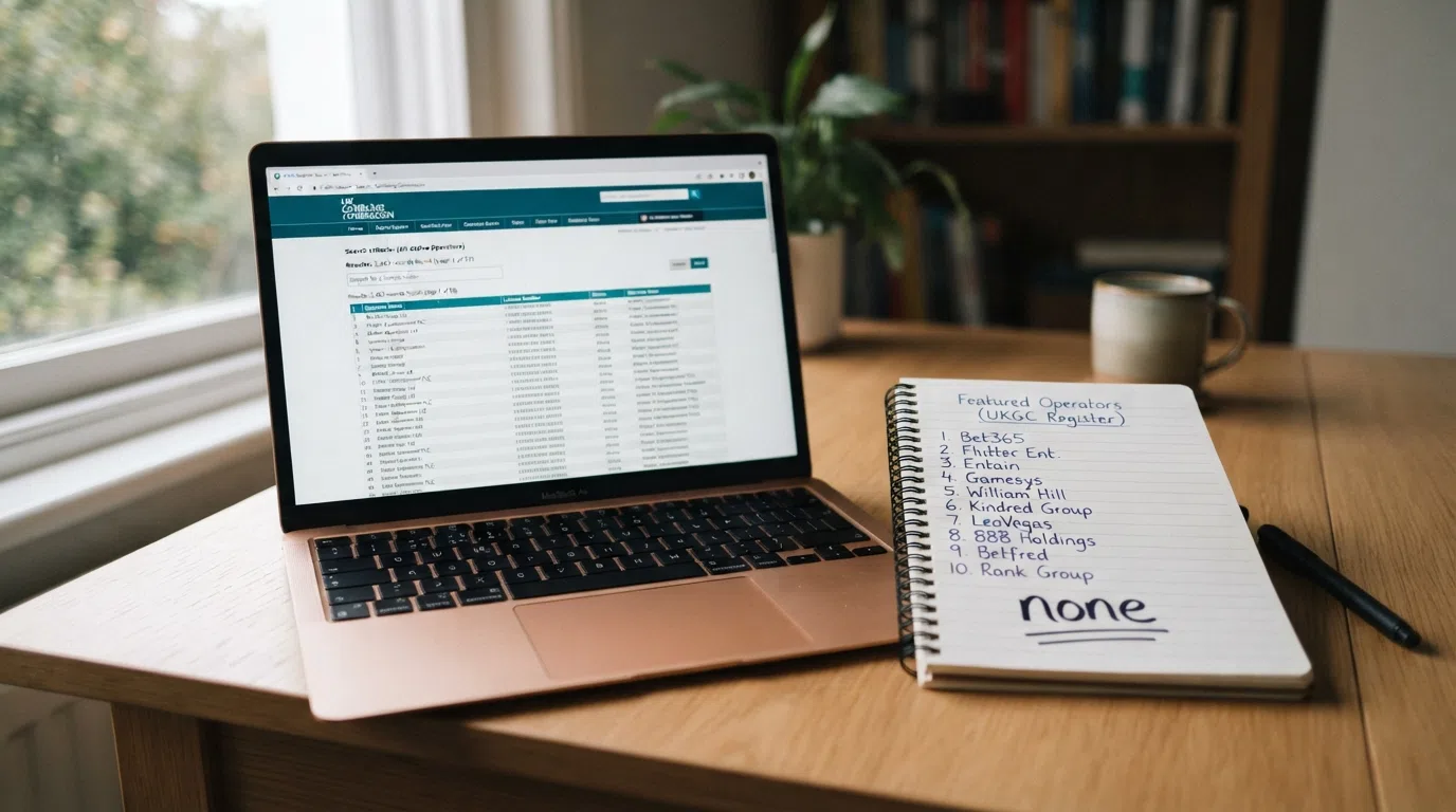 A browser window open to the UK Gambling Commission public register search page, the search field empty and the result count showing 2,663 records, with a notepad beside the laptop listing the ten featured operators and the word none underlined twice