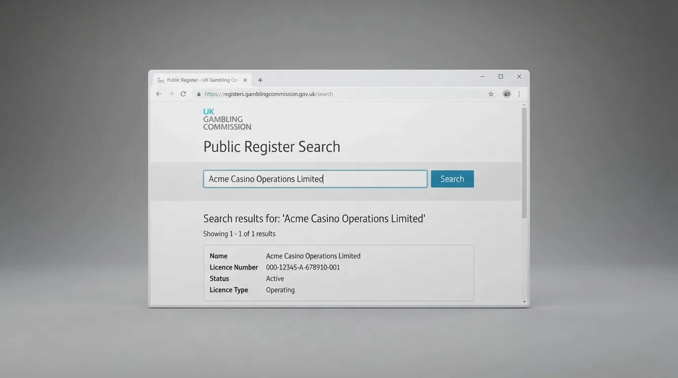 A browser window open to the Gambling Commission public register search page, with a casino name entered in the search field and a visible record count, overlaid with a small UKGC logo.