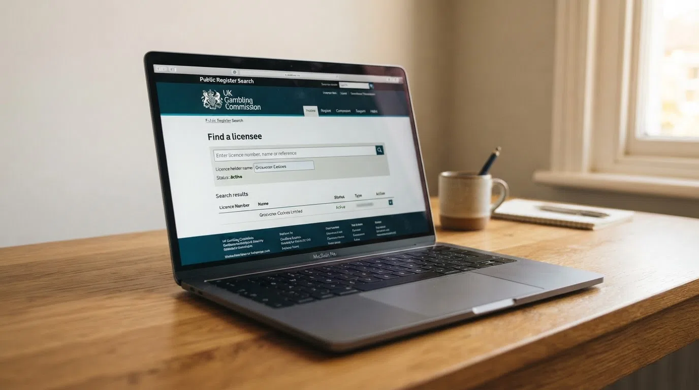 A browser window open to the Gambling Commission public register search page with a casino licence record displayed