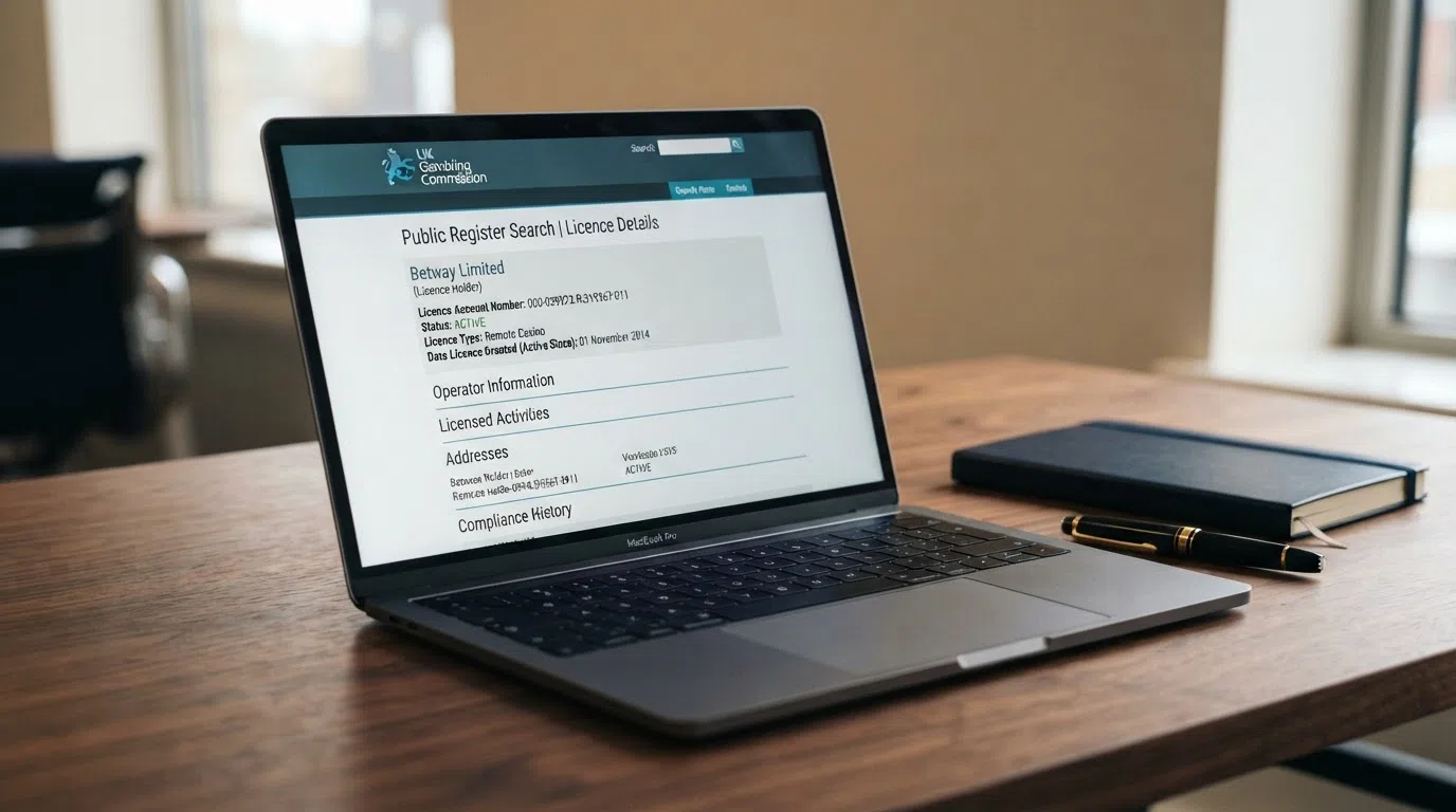 A screenshot-style mock-up of the UKGC public register search interface with an active licence result displayed, alongside the Gambling Commission logo.