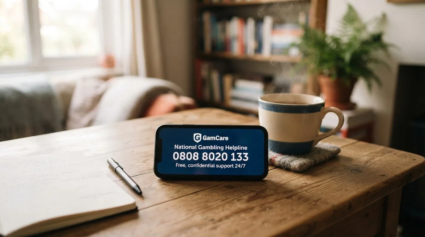 A smartphone screen displaying the GamCare National Gambling Helpline number 0808 8020 133 beside a cup of tea on a desk
