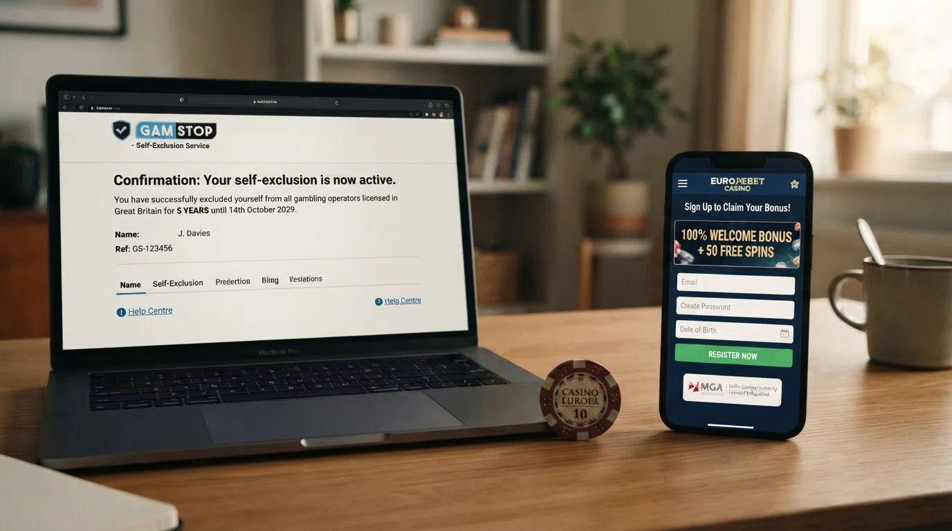 A split-screen showing a GamStop self-exclusion confirmation page on one side and a non-GamStop casino registration form on the other, with the UKGC logo and a Curaçao licence badge visible