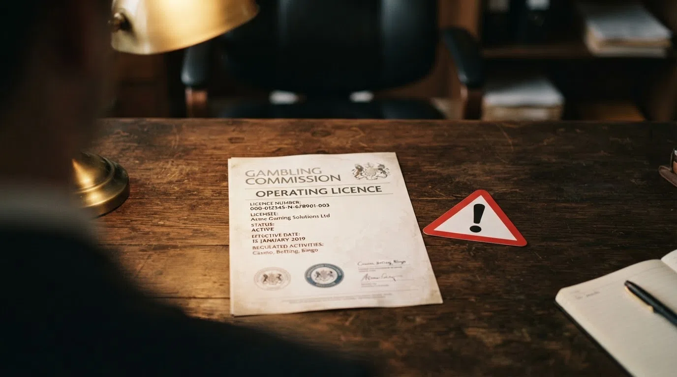 A Gambling Commission licence document next to a warning symbol over an offshore casino logo