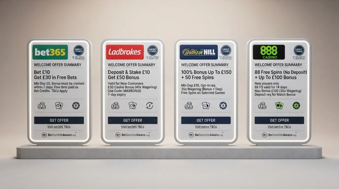 A comparison view of welcome-offer terms from several UK-licensed casino brands, arranged side by side with licence badges visible