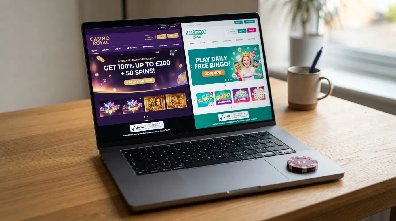 A split-screen comparison view of two UK-licensed online casino homepages on a desktop browser, showing welcome-offer banners and slot game lobbies side by side