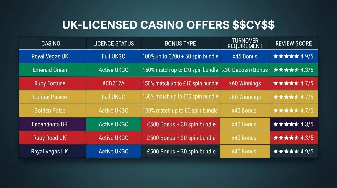 A comparison table layout showing operator names, licence status, bonus type and wagering figures