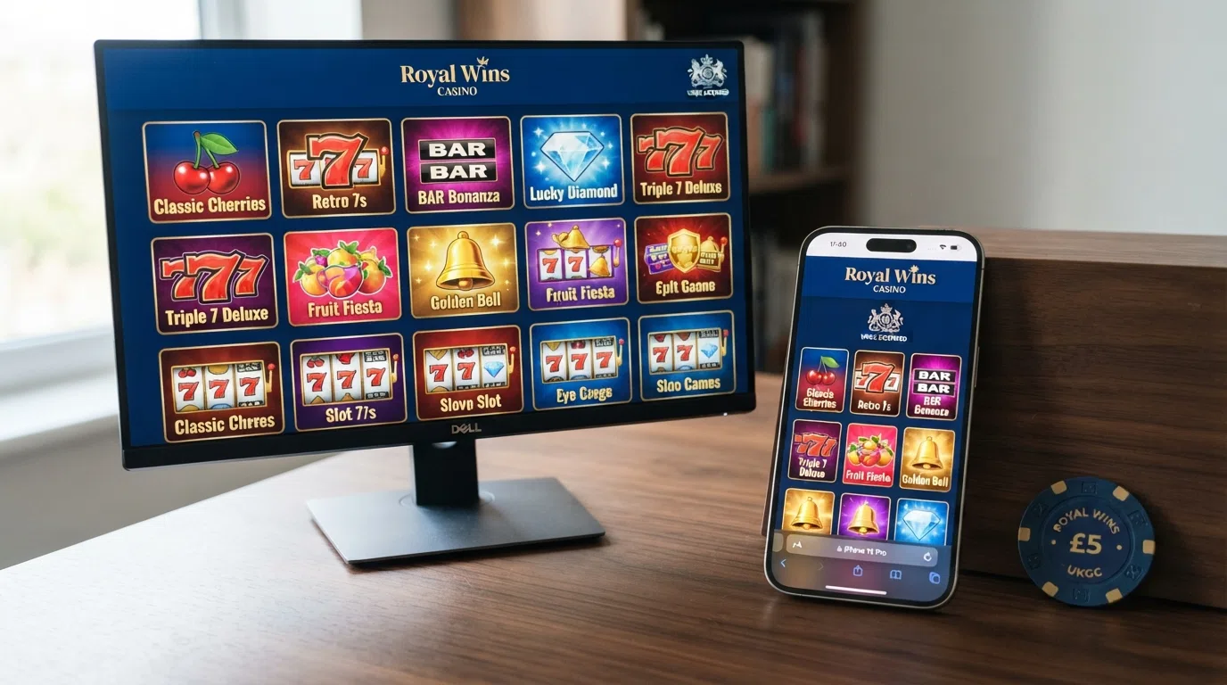 A desktop and mobile screen side by side each showing a different UKGC-licensed casino lobby with 3-reel slot thumbnails visible
