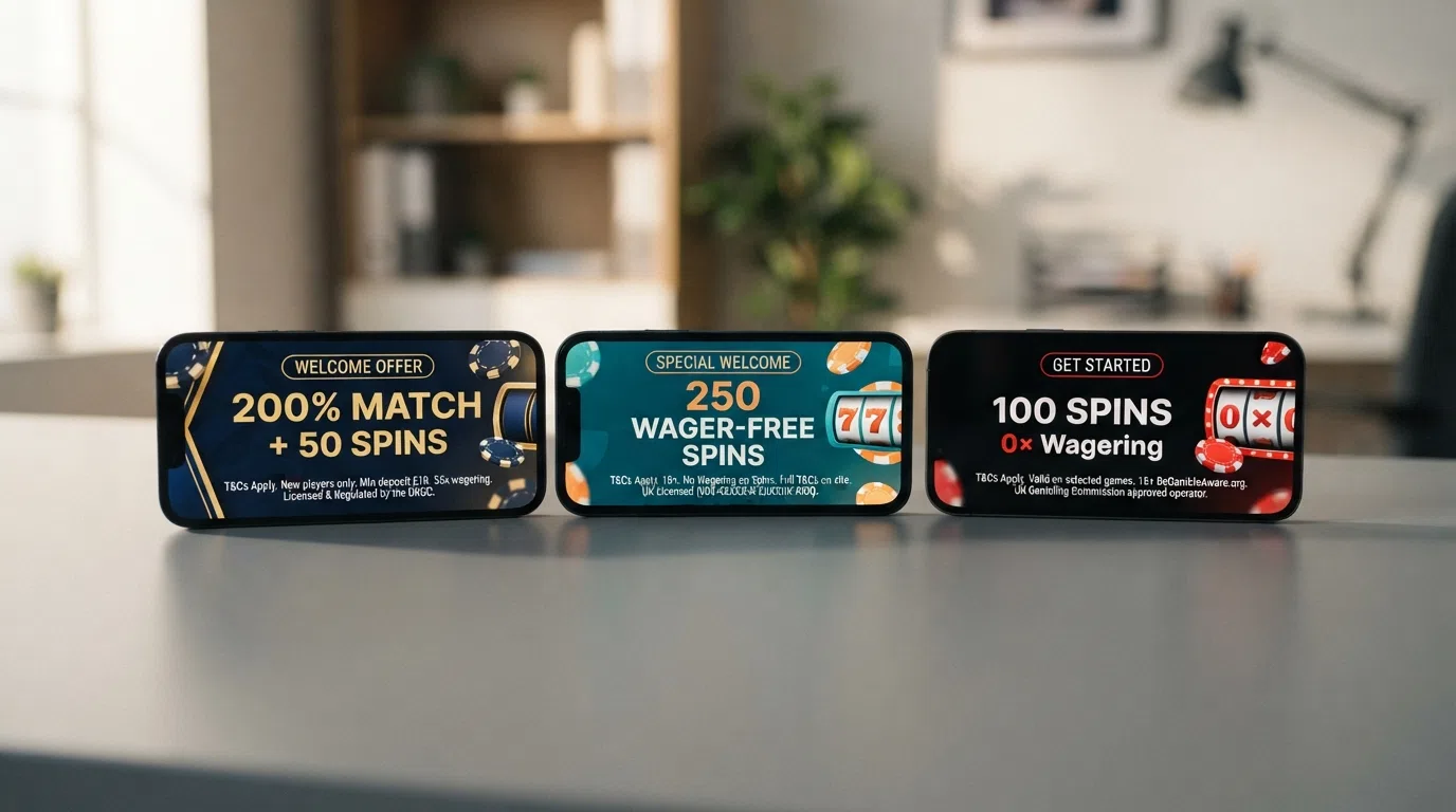 A side-by-side display of UK-licensed casino welcome-offer banners showing free-spins counts and “wager-free” labels, with the UKGC logo visible on each