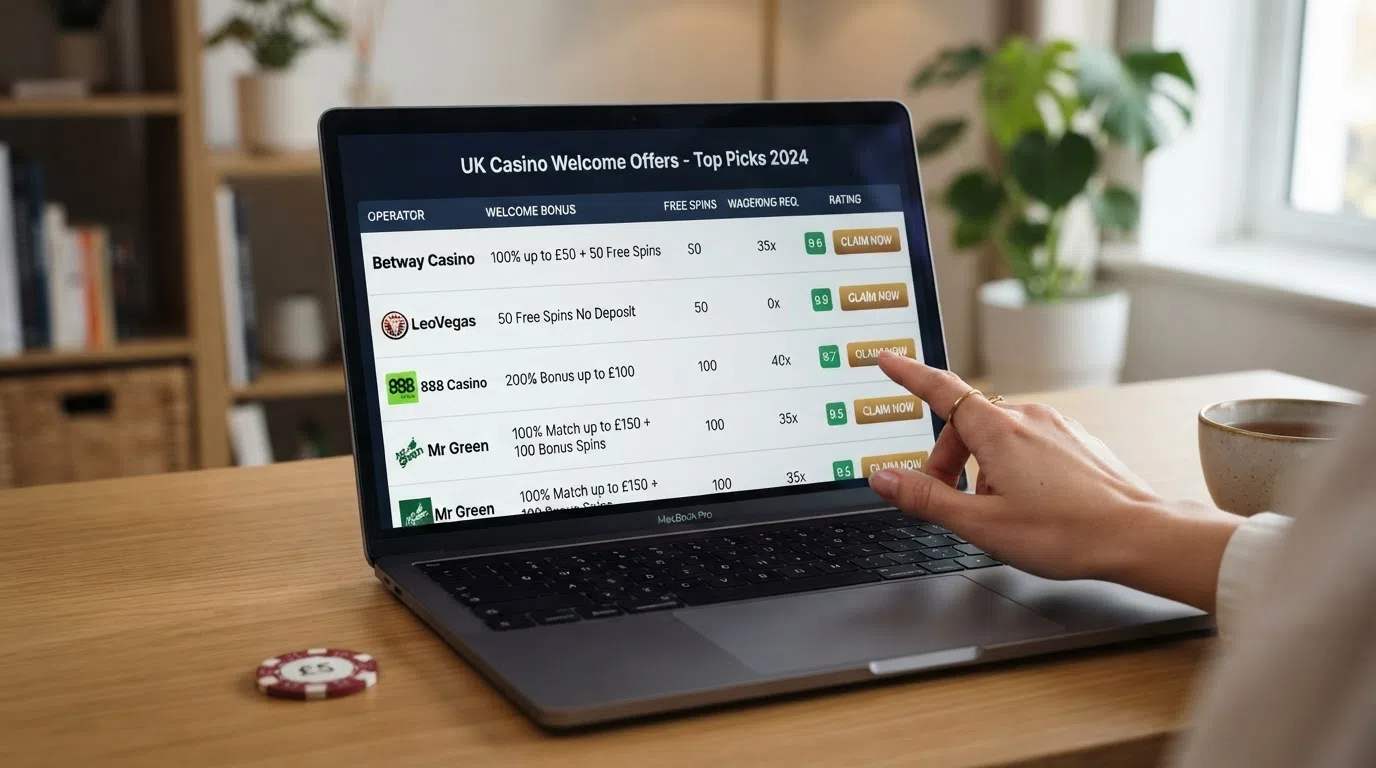 A comparison grid of UK-licensed casino welcome offers showing free-spin counts and wagering requirements