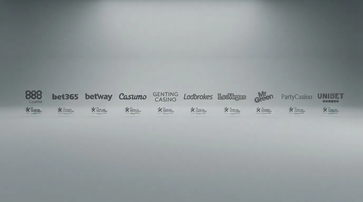 A grid of ten UKGC-licensed casino brand logos arranged on a clean comparison-table background, with the Gambling Commission public-register badge repeated under each logo.