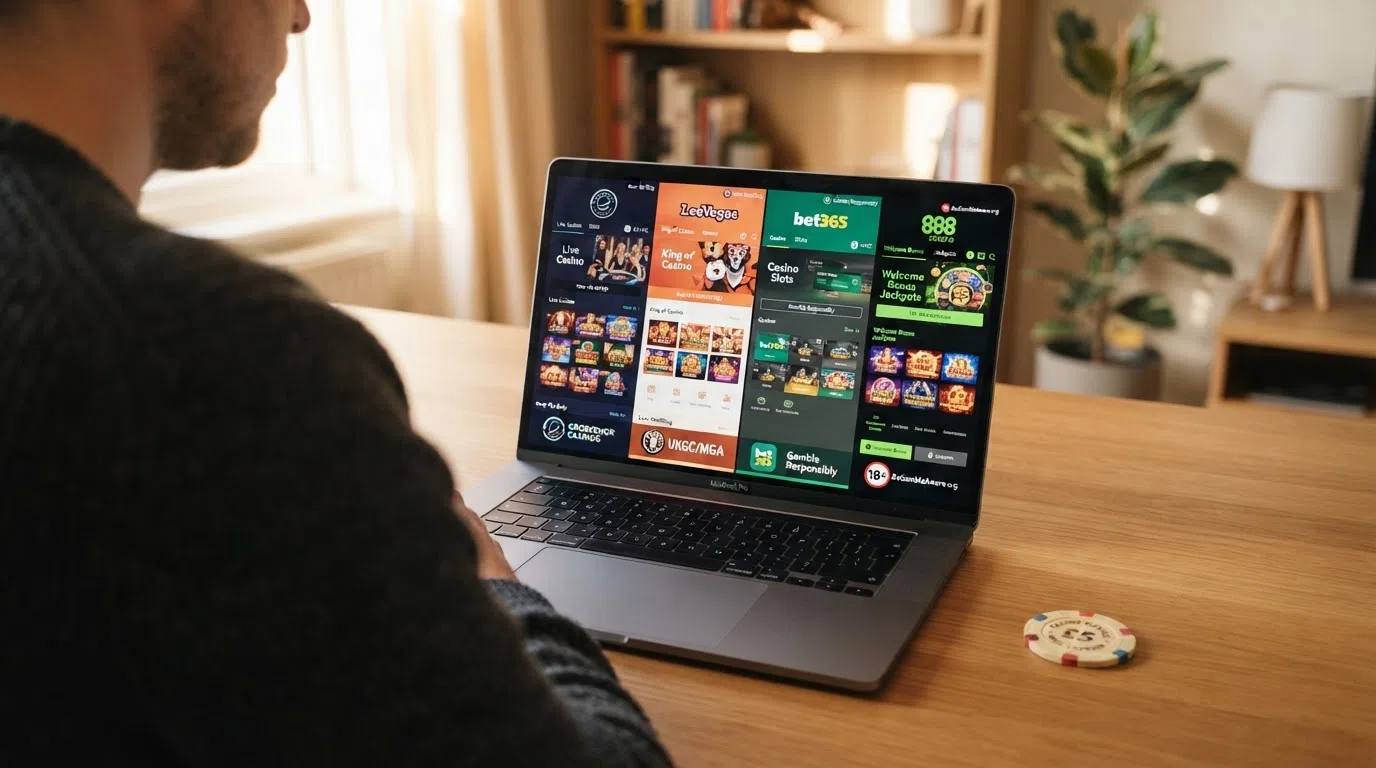 A row of UK-licensed online casino homepage thumbnails with the UKGC licence-number badge visible on each
