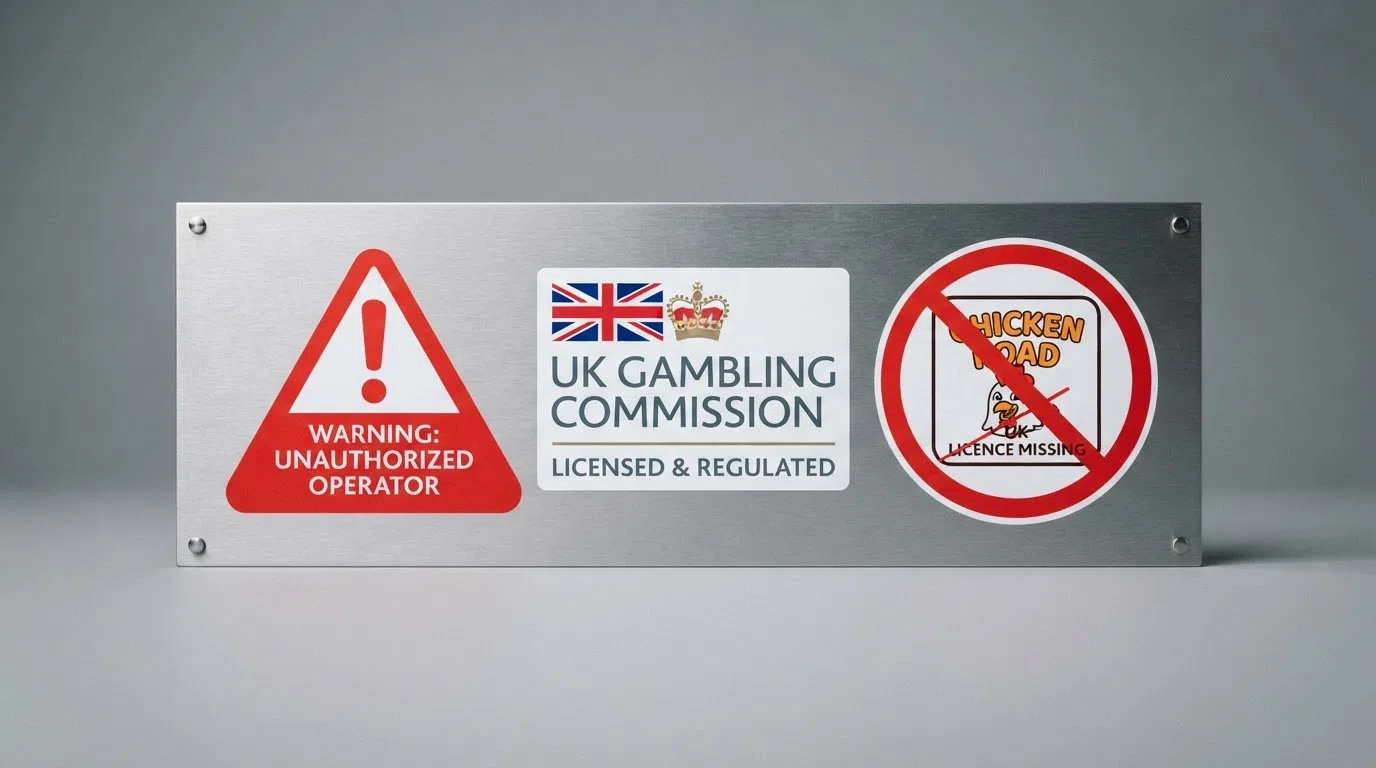 A warning symbol beside the UK Gambling Commission logo and a crossed-out Curaçao flag, illustrating the licence wall between Chicken Road and the UK regulated market