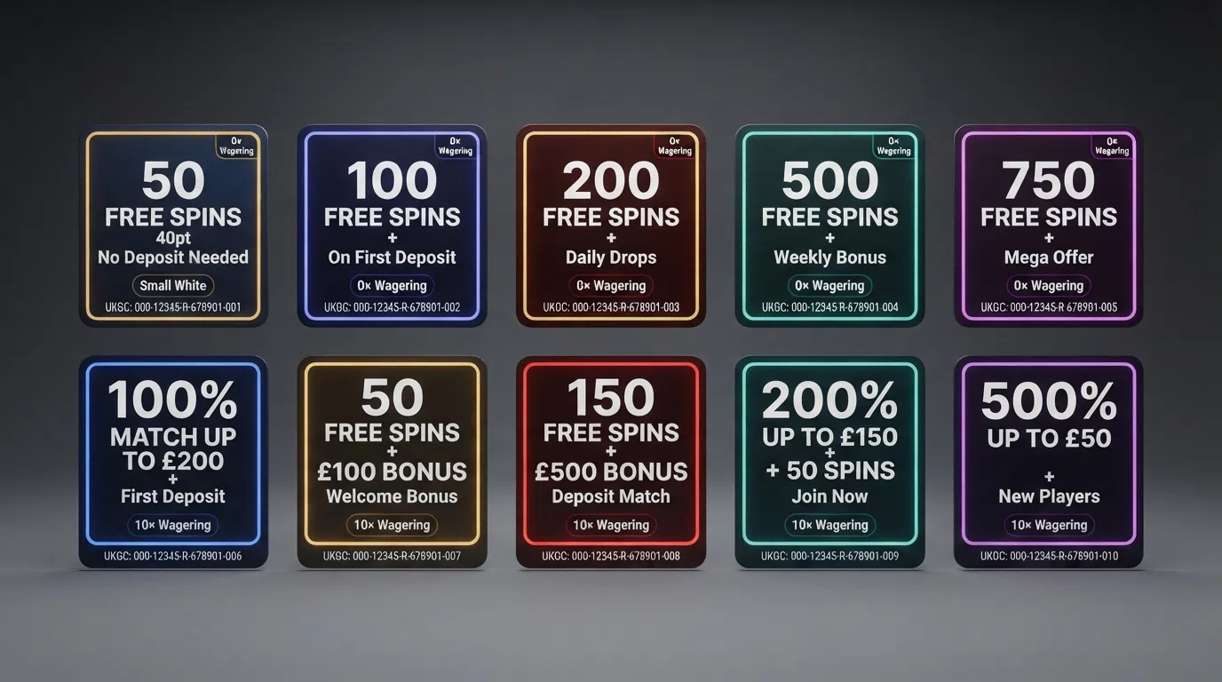A side-by-side grid of casino welcome-offer cards showing free-spin counts, wagering badges and licence numbers in a clean comparison layout
