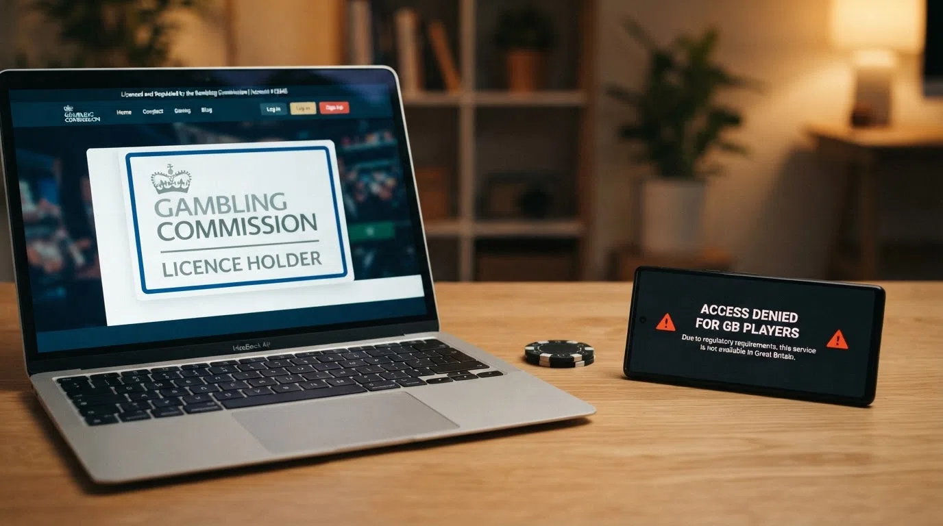 A split visual showing a UKGC licence badge beside a geo-block warning screen for an offshore Mines casino
