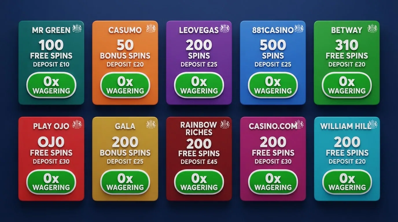 A clean visual representation of ten casino-brand cards arranged in a ranked grid, each showing its free-spin count, deposit requirement, and a green “0× Wagering” badge, with the UKGC lion-and-crown logo as a trust anchor in the corner