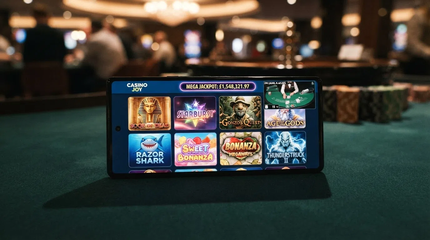 A smartphone screen showing a grid of colourful online slot game tiles with a progressive jackpot counter at the top and a live dealer blackjack table inset