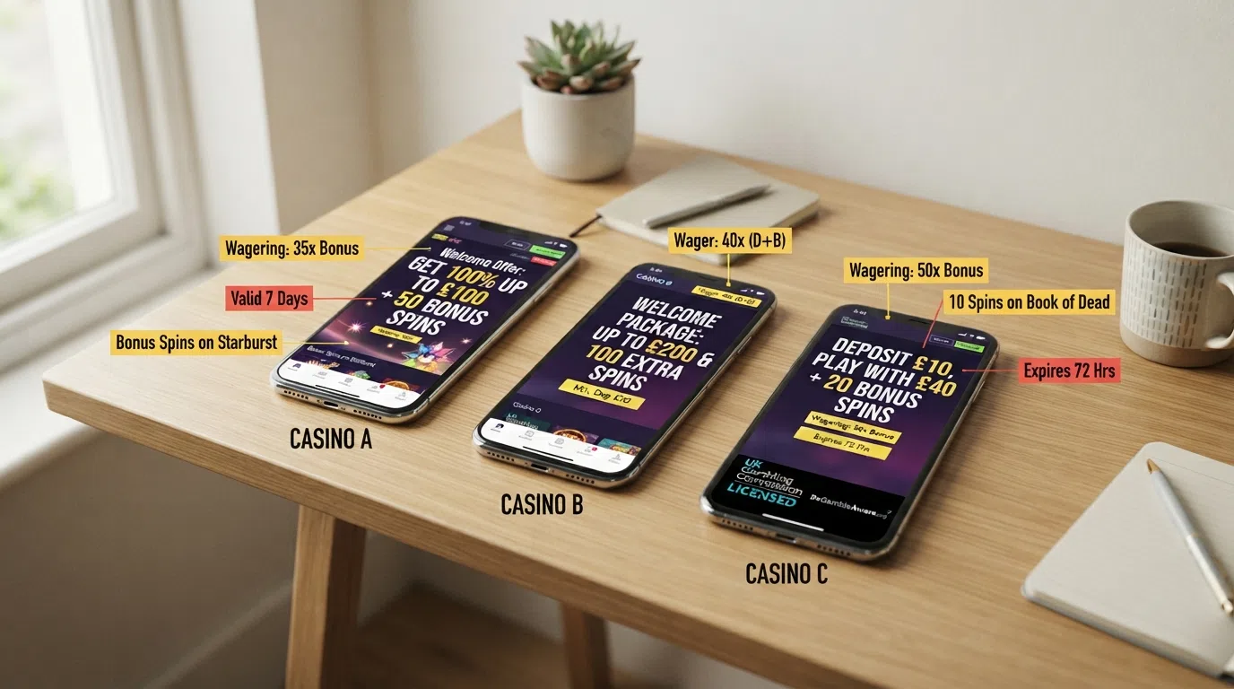 A stylised comparison view of three UK-licensed casino welcome-offer landing pages, with the wagering multiplier, free-spin count and validity window highlighted on each, and a UKGC licence badge circled on one.