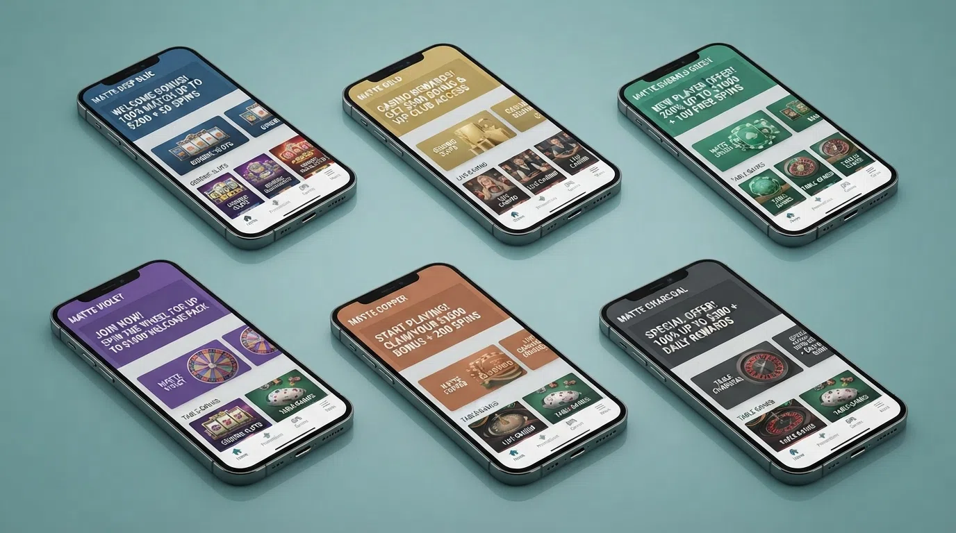 A grid of mobile casino home screens from several featured operators, each displaying a welcome-offer banner beneath the casino logo
